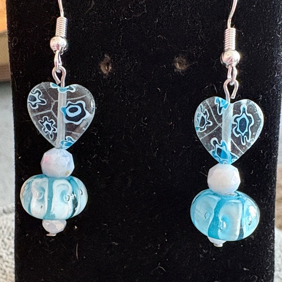 Hand Crafted Jewelry - Hand Crafted Blue Murano Glass and Crystal Heart Earrings